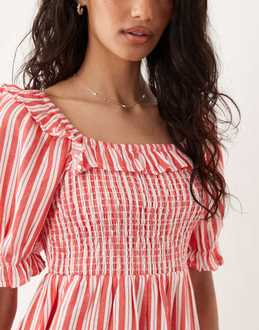 New Look stripe shirred frill trim mini dress in red, 3 of 4