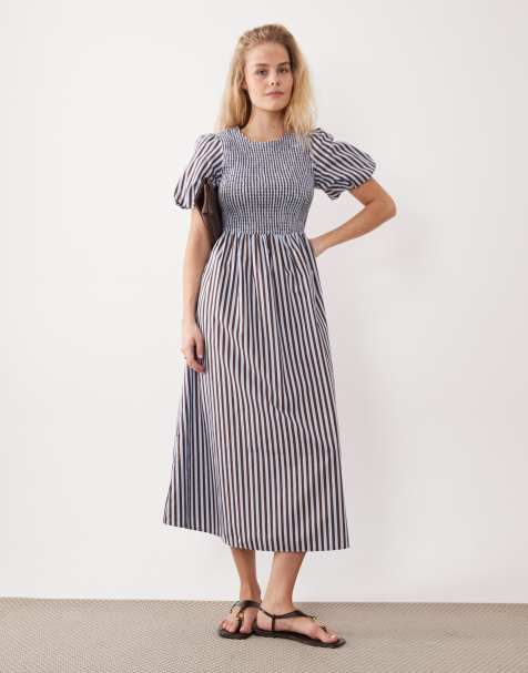 New Look stripe shirred midi dress in blue - view 1
