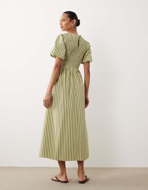 New Look stripe shirred midi dress in green, 3 of 4