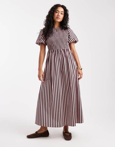New Look stripe shirred midi dress in pink pattern - view 1