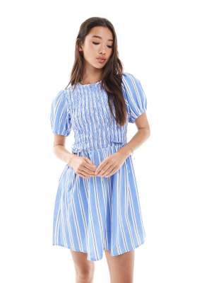 New Look New Look stripe shirred mini dress in blue
