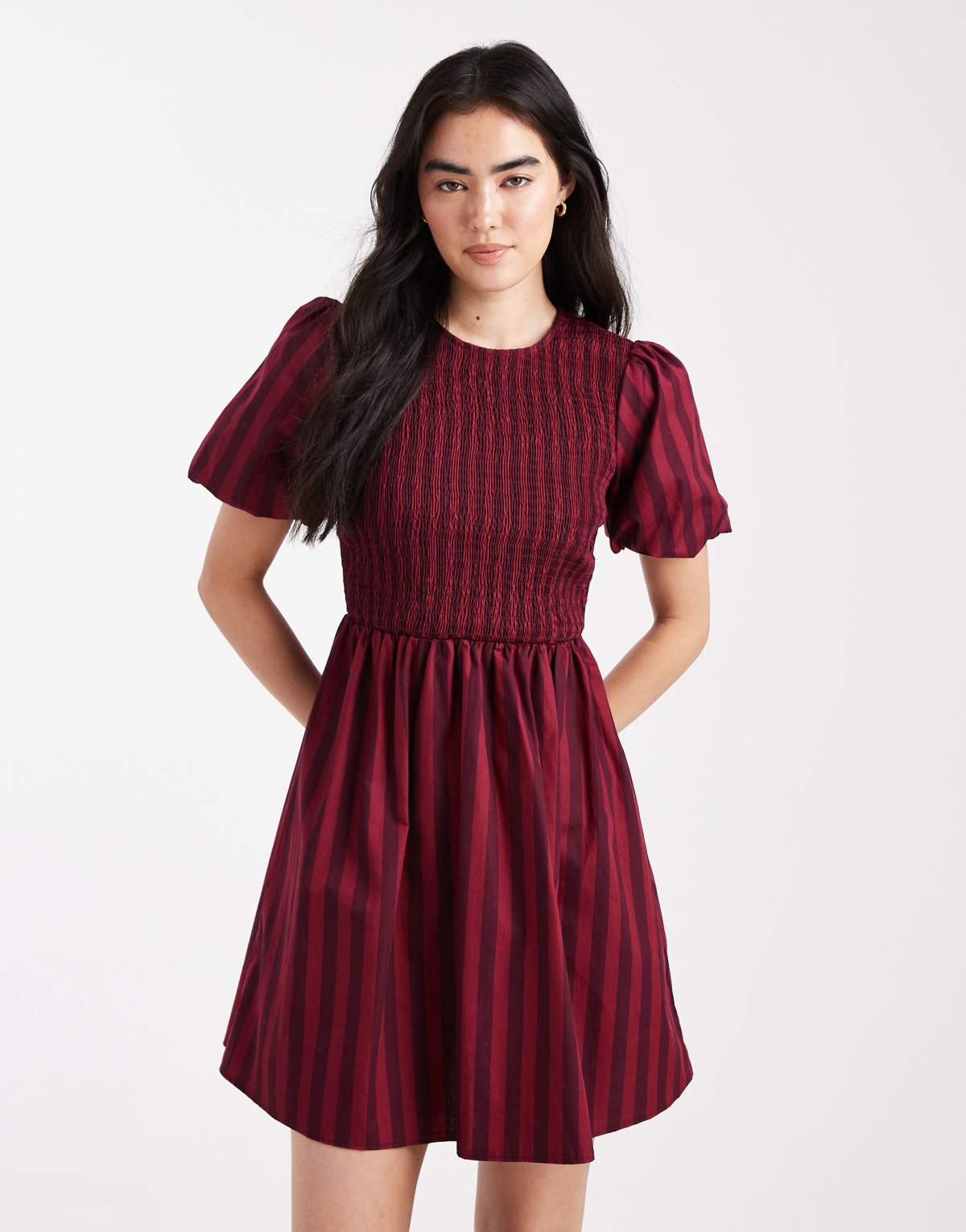 New Look stripe shirred mini dress in red