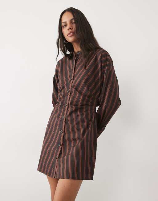 New Look stripe shirt mini dress in brown, 2 of 4
