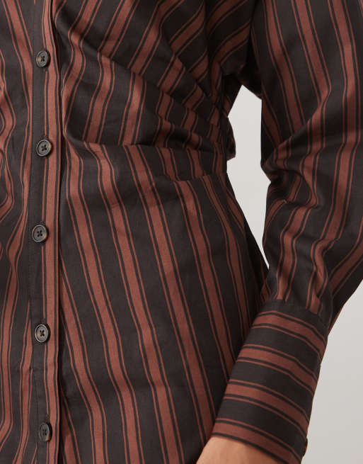 New Look stripe shirt mini dress in brown, 3 of 4
