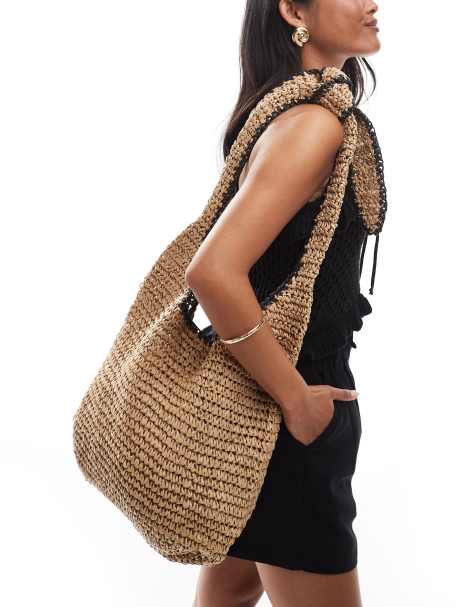 New Look stripe slouch raffia tote bag in stone - view 1