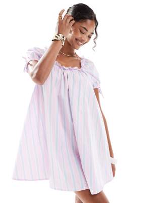 [New Look] New Look stripe square neck poplin mini dress in pink and blue 18 Pink pattern