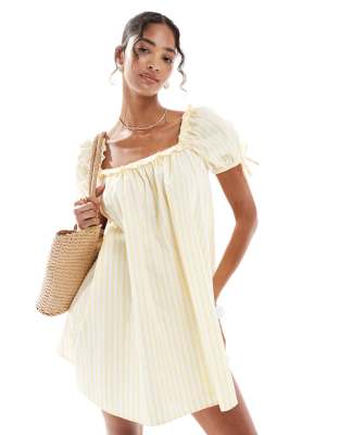 New Look stripe square neck poplin mini dress in yellow - view 1