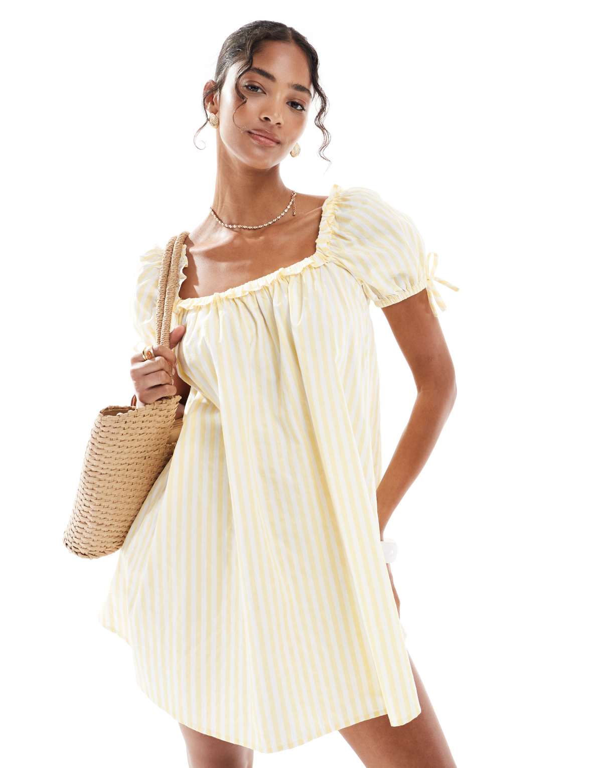 New Look stripe square neck poplin mini dress in yellow