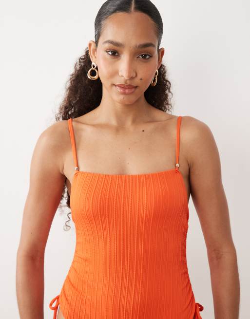 New Look stripe textured swimsuit in bright orange, 4 of 4
