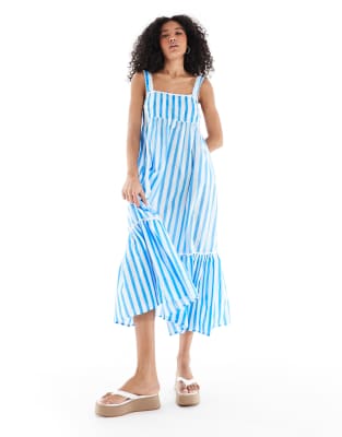 New Look stripe tie back ruffle midi dress in blue - view 1