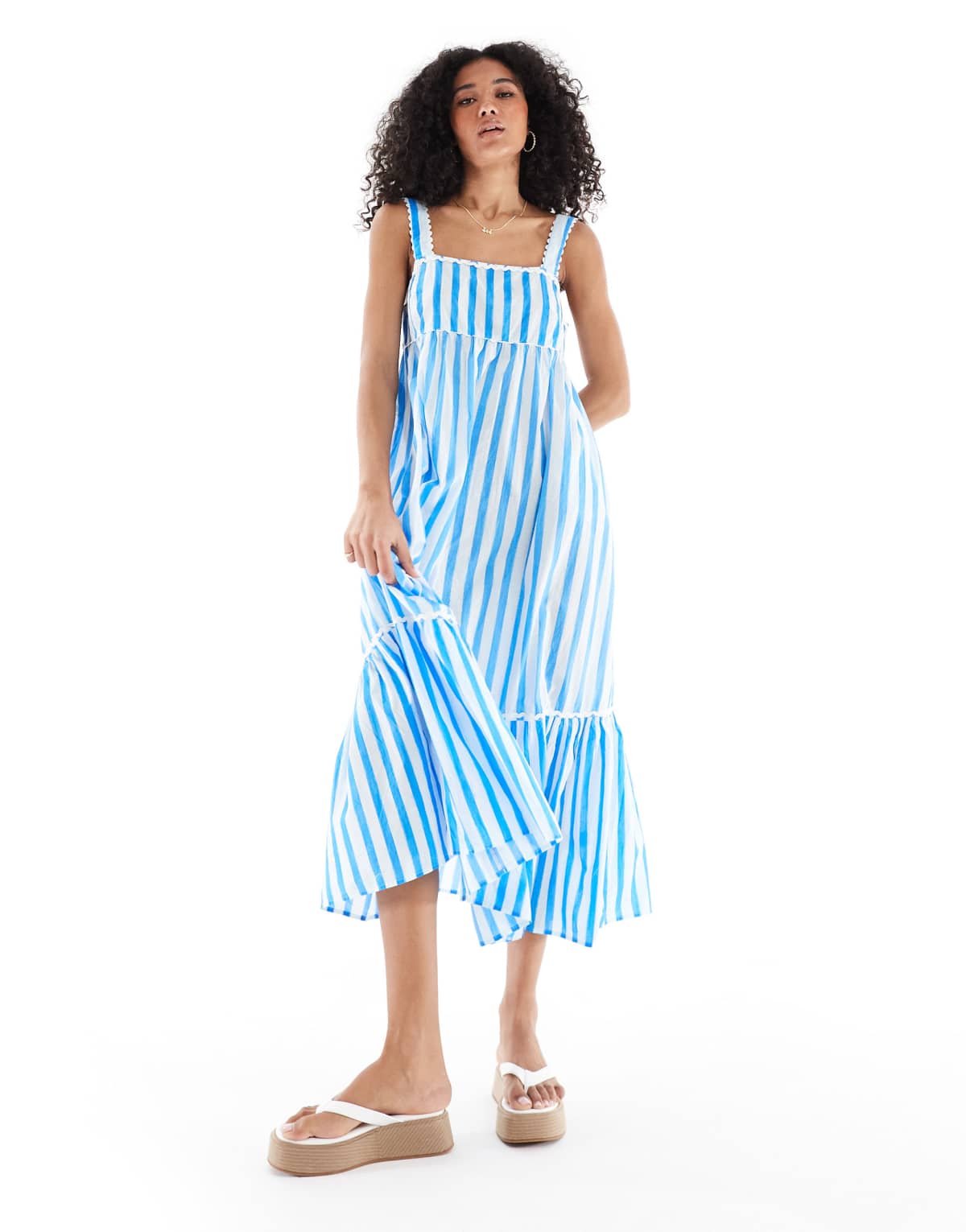 New Look stripe tie back ruffle midi dress in blue