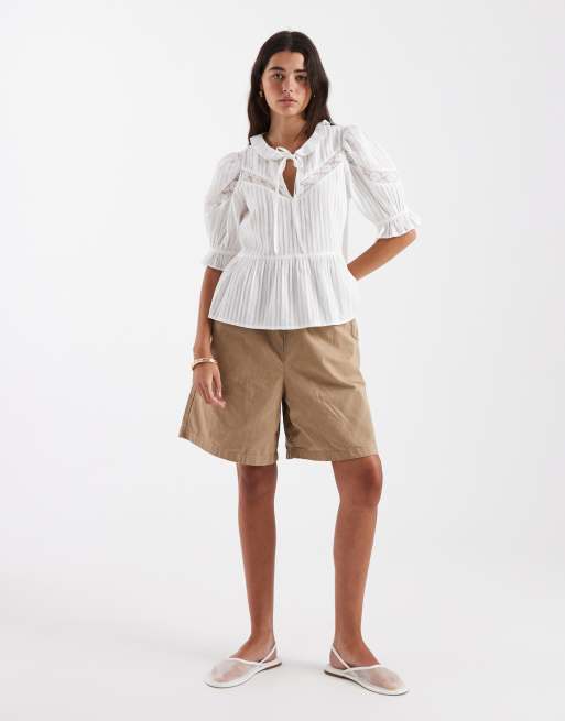 New Look stripe tie neck blouse in white, 4 of 4