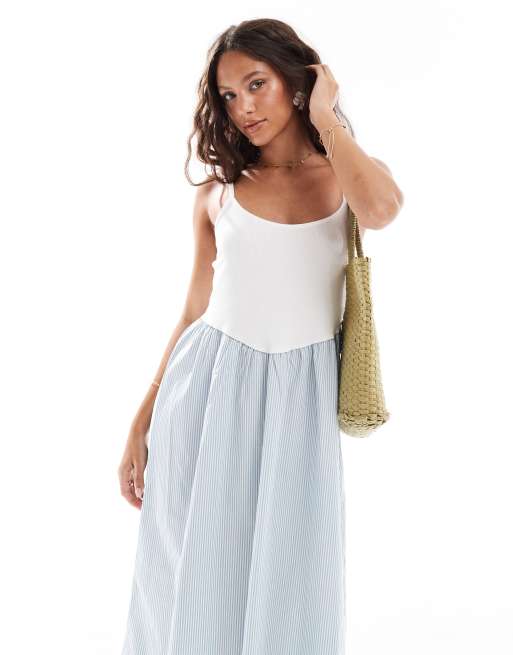 New Look stripe v waist poplin midi dress in blue, 3 of 4