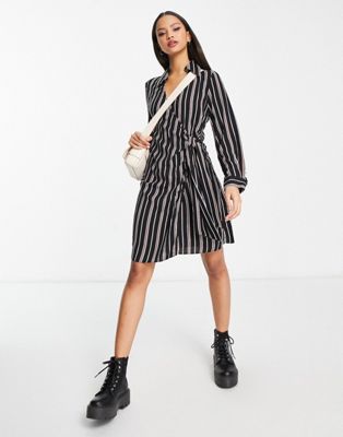 New Look stripe wrap shirt mini dress in black