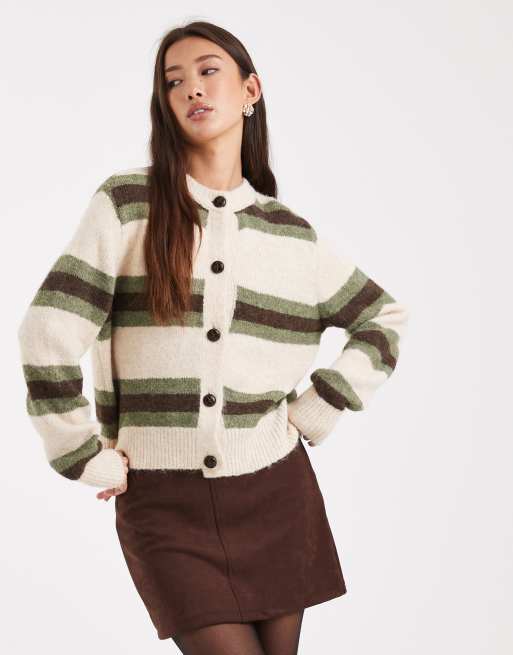 New Look striped cardigan in khaki green and cream