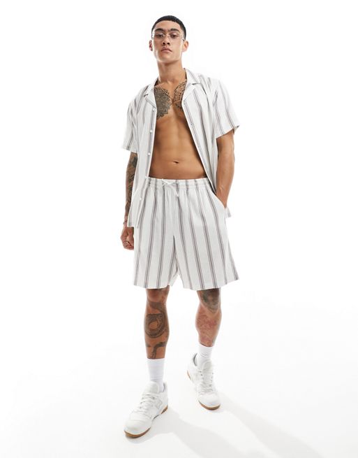 New Look striped linen blend shorts in white