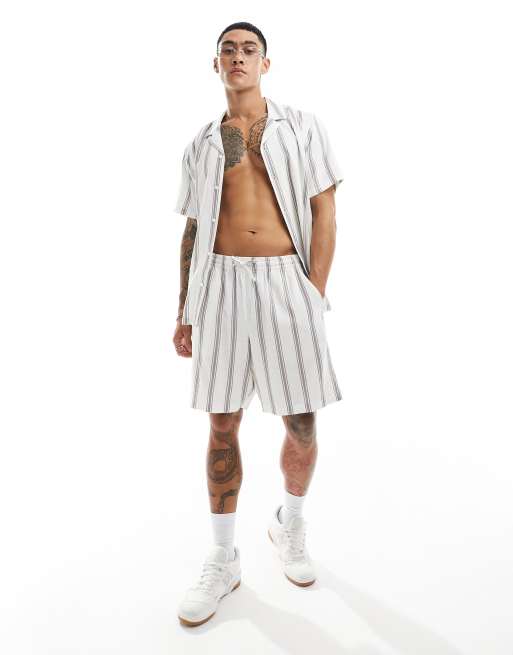 New Look striped linen blend shorts in white