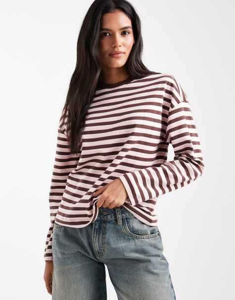 New Look striped long sleeve boxy top in pink - view 1
