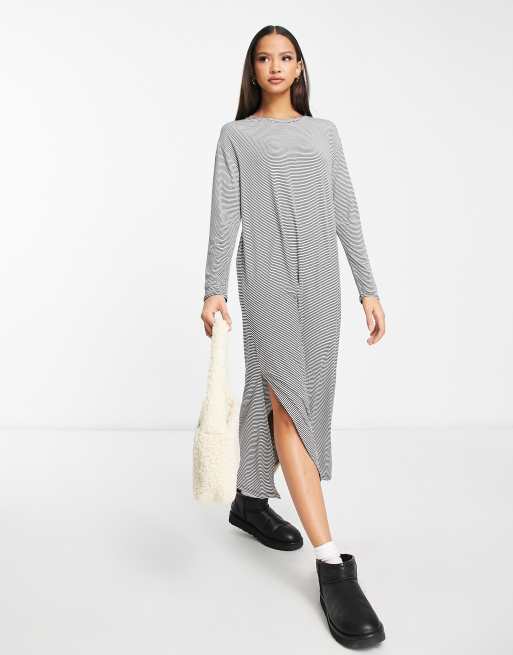 New Look striped long sleeved tshirt midi dress in black | ASOS