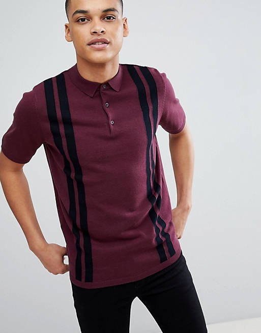 New Look Striped Polo Shirt In Burgundy