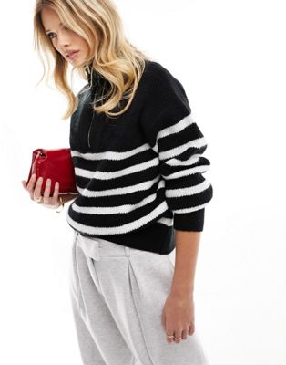 New Look striped quarter zip jumper in black and white