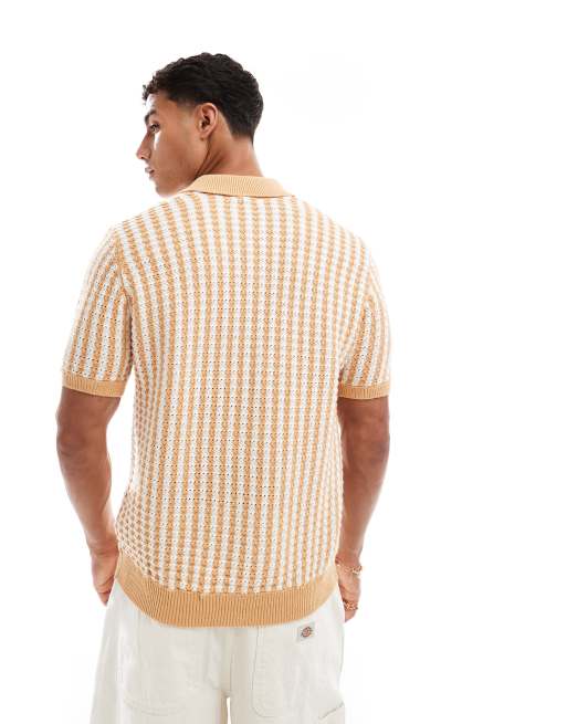 New Look striped retro knitted shirt in brown and white, 3 of 4