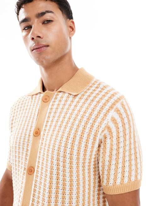 New Look striped retro knitted shirt in brown and white, 4 of 4