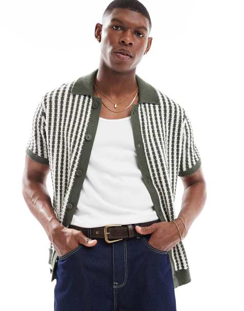 New Look striped retro knitted shirt in khaki and white - view 1