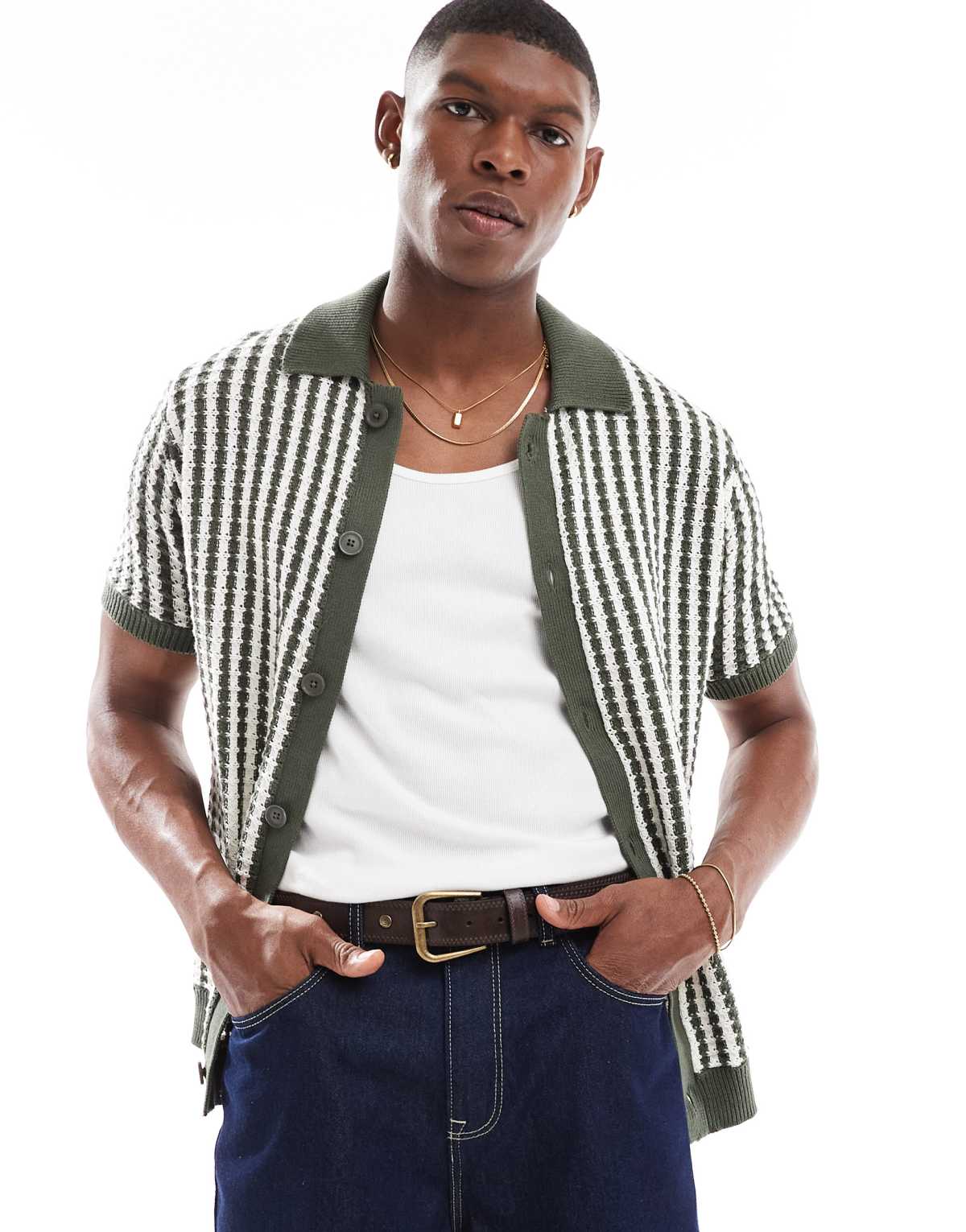 New Look striped retro knitted shirt in khaki and white