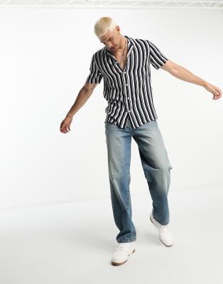 New Look striped revere collar shirt in navy  - ASOS Price Checker