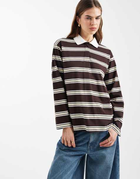 New Look striped rugby polo top in brown - view 1