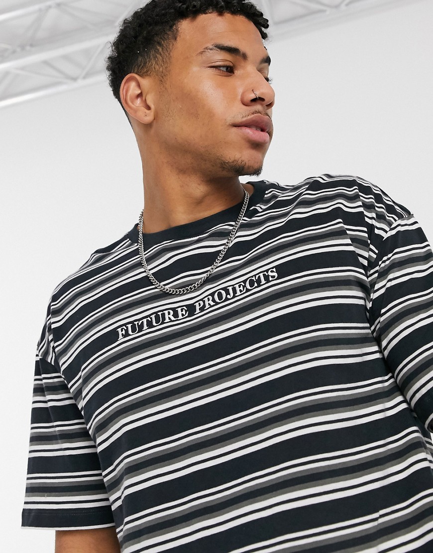 New Look striped t-shirt with embroidered print in dark gray-Grey