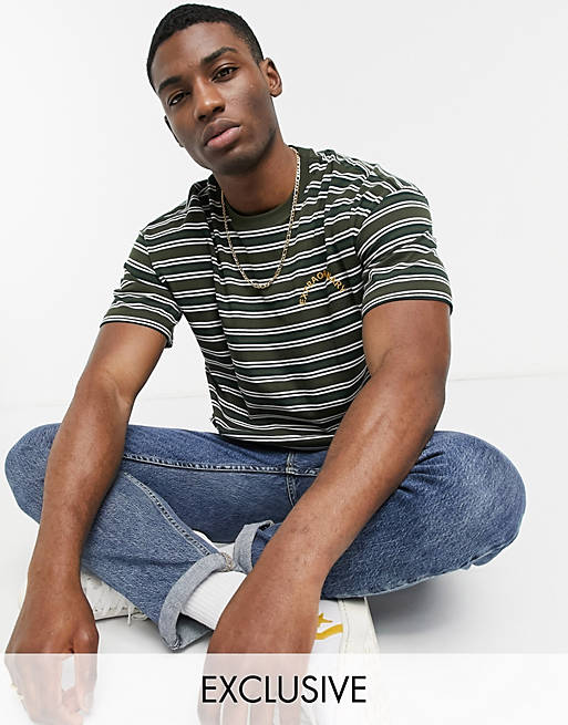 New Look striped t-shirt with embroidery in green 