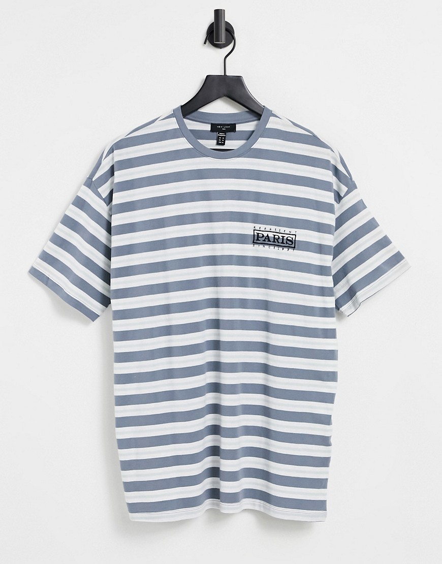 New Look striped t-shirt with Paris embroidery in blue-Blues