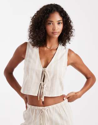 New Look New Look striped tie front waistcoat in cream-White