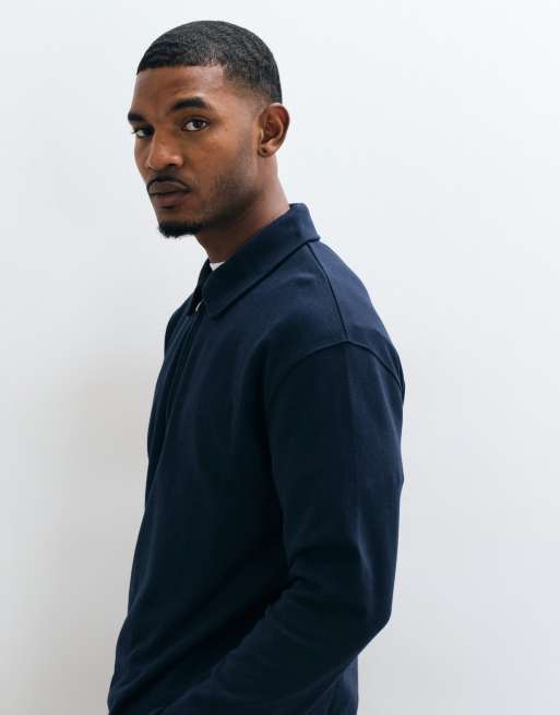 New Look structuurgebreid poloshirt met kwartrits in donkerblauw, 5 van 5