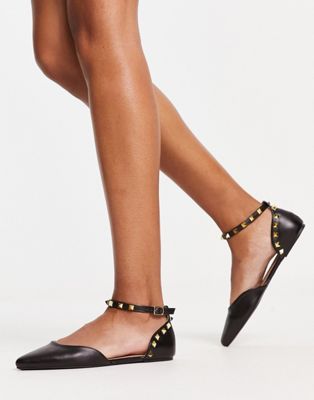 New Look studded back ankle strap flat shoes in black