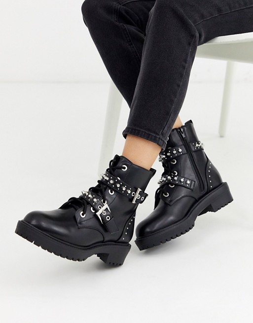 New Look studded chunky biker boot in black