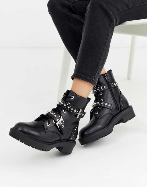 New Look studded chunky flat biker boot in black