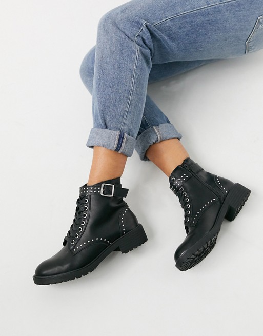 New Look studded lace up flat boots in black