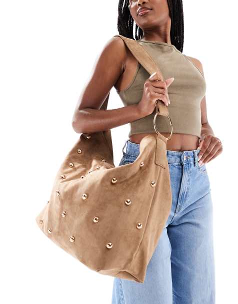 New Look studded suedette shoulder bag in tan - view 1