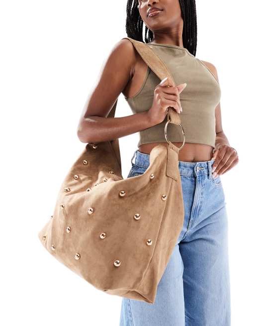 New Look studded suedette shoulder bag in tan