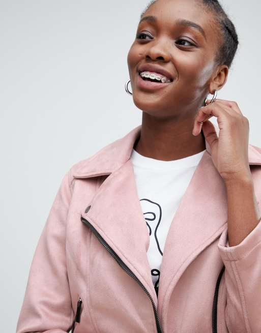 New Look suedette biker jacket in pink ASOS