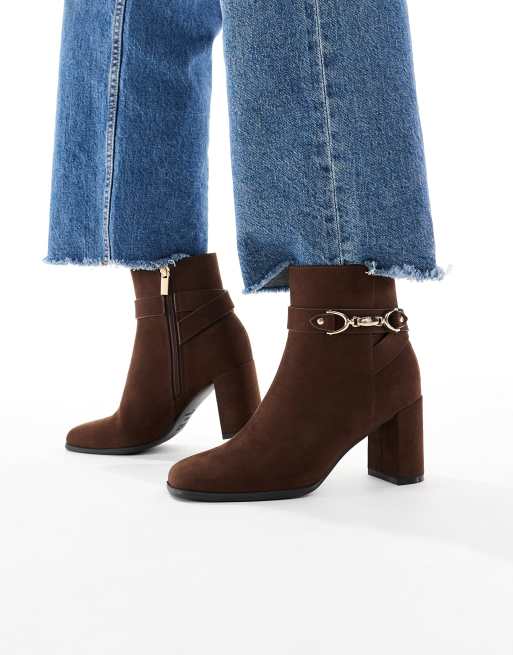 New Look suedette buckle heeled boots in brown