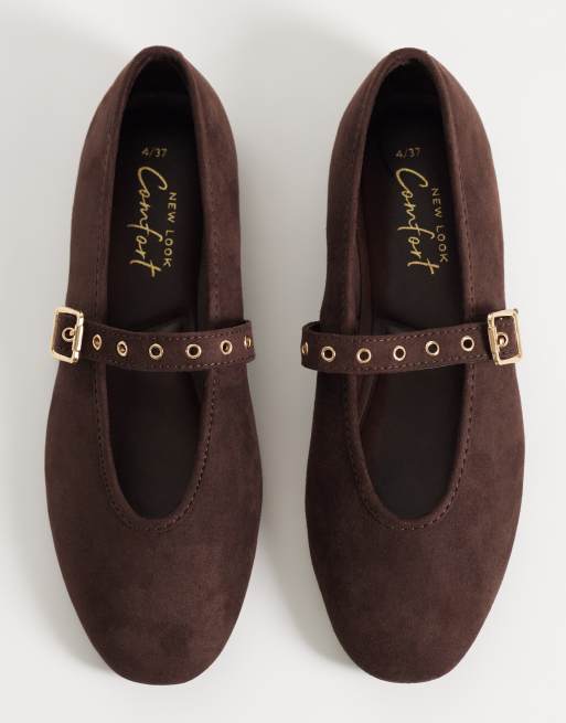 New Look suedette eyelet strap ballet flat in brown, 2 of 4
