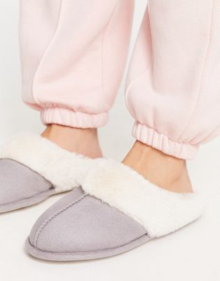 New Look suedette mule slippers in grey - ASOS Price Checker