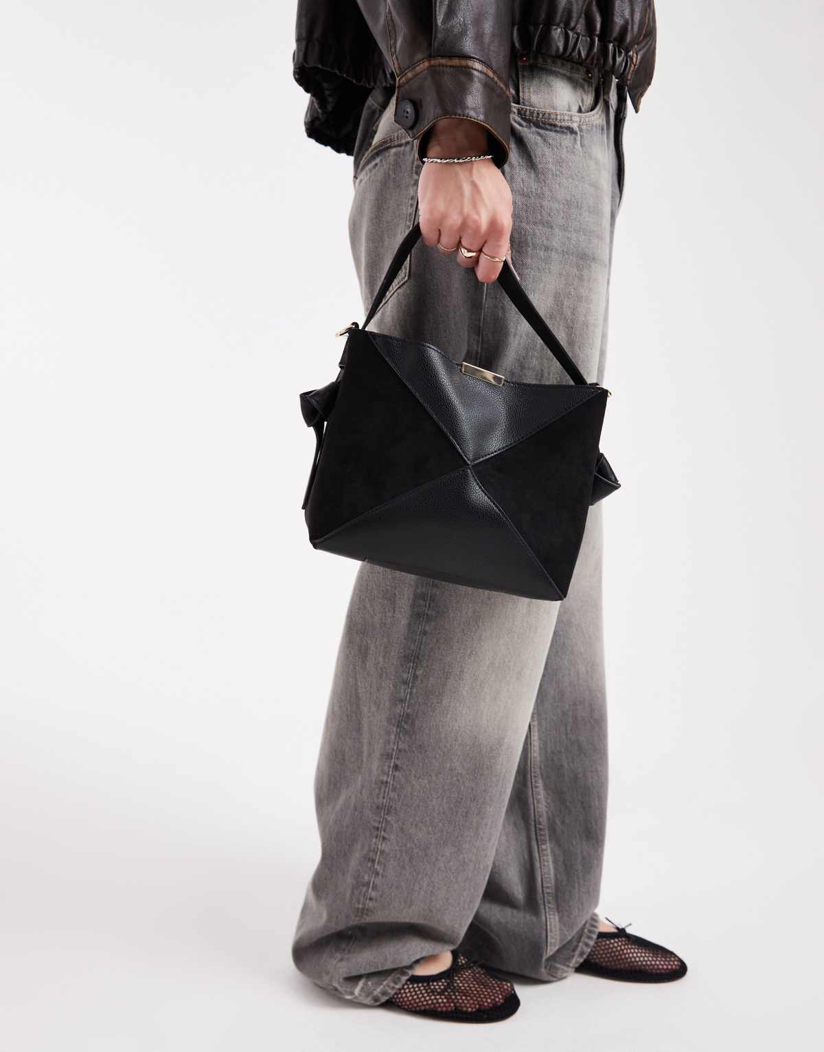 New Look suedette panel bucket bag in black