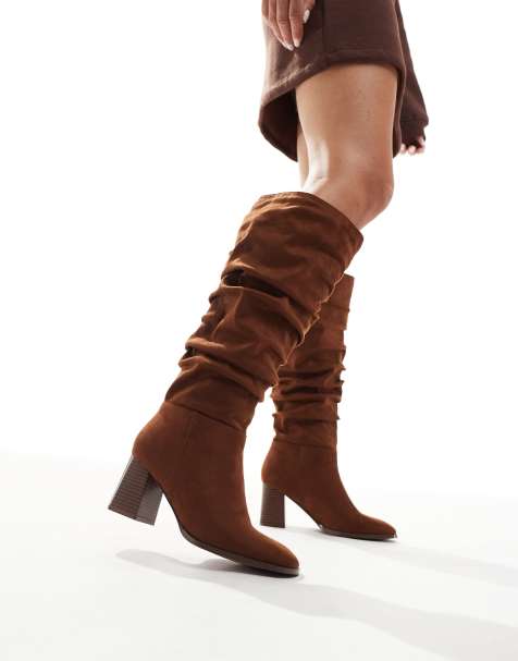 New Look suedette ruched block heel knee boots in tan - view 1