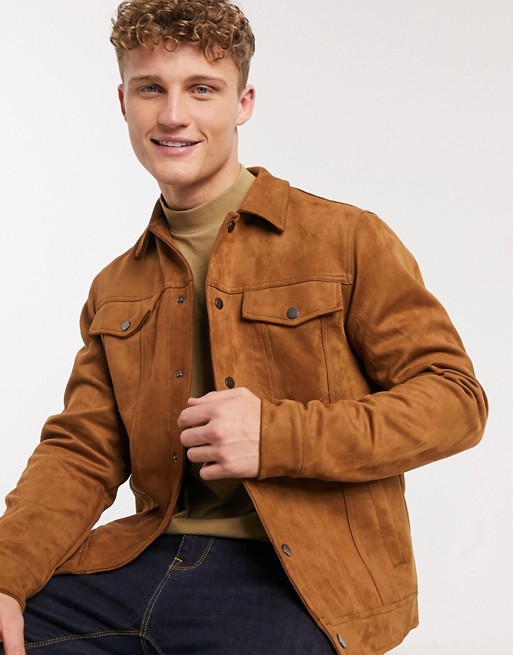 New Look suedette trucker jacket in tan | ASOS