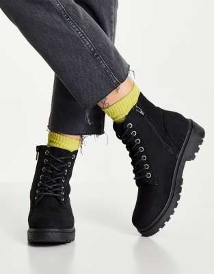 New Look suedette zip detail lace up flat boot in black